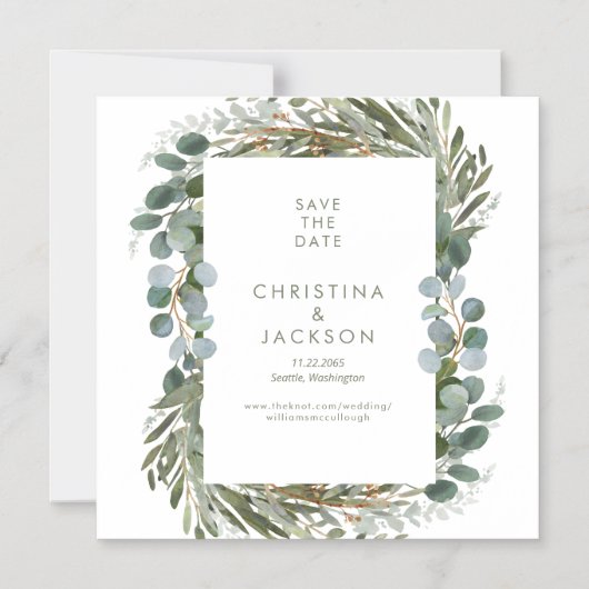 Moderne Eucalyptus Wedding opslaan Datum Magnetische Uitnodiging (Voorkant)