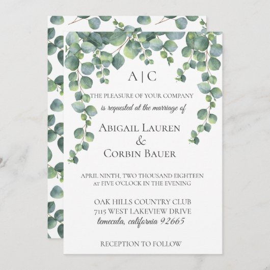 Moderne Eucalyptus wijnstokken bruiloft uitnodigin Kaart (Voorkant / Achterkant)
