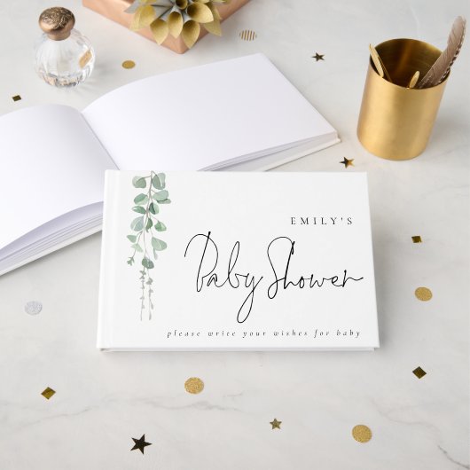 Moderne Eucalyptus Wishes for Baby shower Gastenboek (Voorkant open)