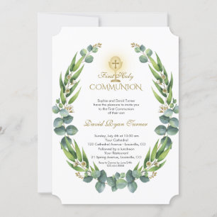 Moderne Eucalyptus Wreath Gold Heilige Communie Kaart