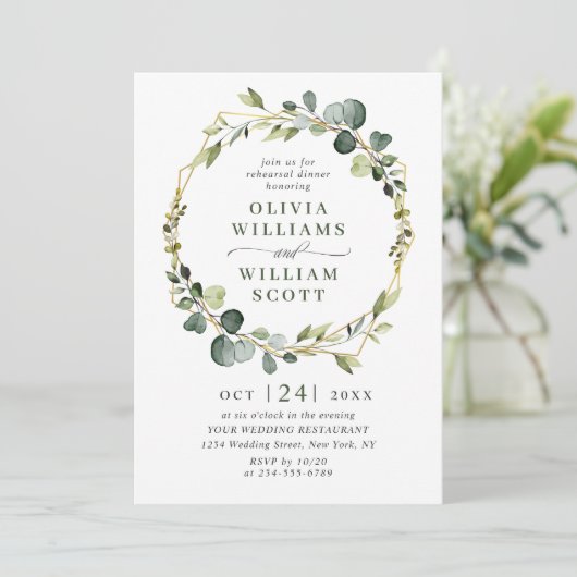 Moderne Eucalyptus Wreator Lijst REHEARSAL DINNER Kaart (Staand voorkant)