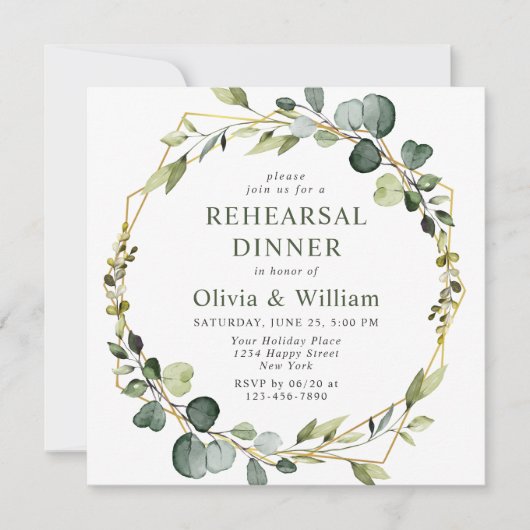 Moderne Eucalyptus Wreator Lijst REHEARSAL DINNER Kaart (Voorkant)