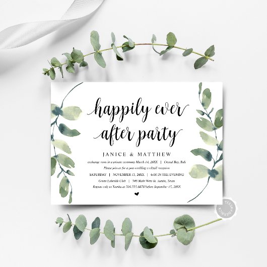 Moderne Eucalyptus, Zwart, Trouw Elopement Feest Kaart