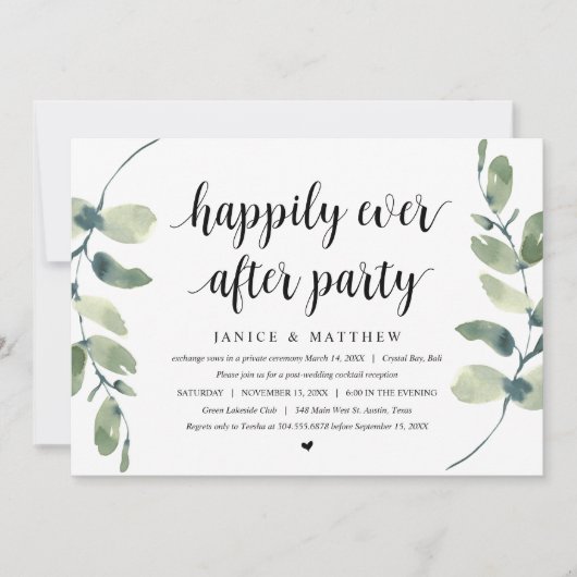 Moderne Eucalyptus, Zwart, Trouw Elopement Feest Kaart (Voorkant)