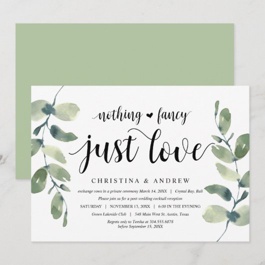 Moderne Eucalyptus, Zwarte Inkt, Trouw Elopement Kaart (Voorkant / Achterkant)