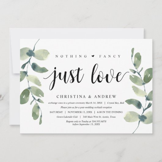 Moderne Eucalyptus, Zwarte Inkt, Trouw Elopement Kaart (Voorkant)