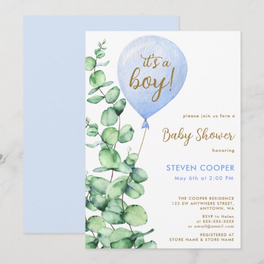 Moderne Eucalyptusballon Het is een Jongen Baby sh Kaart (Voorkant / Achterkant)