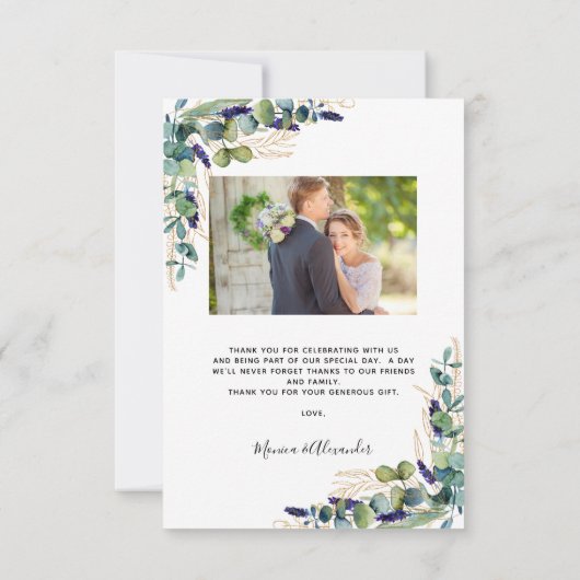 Moderne eucalyptusgroene trouwfoto bedankkaart (Achterkant)