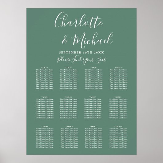 Moderne Eucalyptusgroene Trouwzaalstoelindeling Poster (Voorkant)