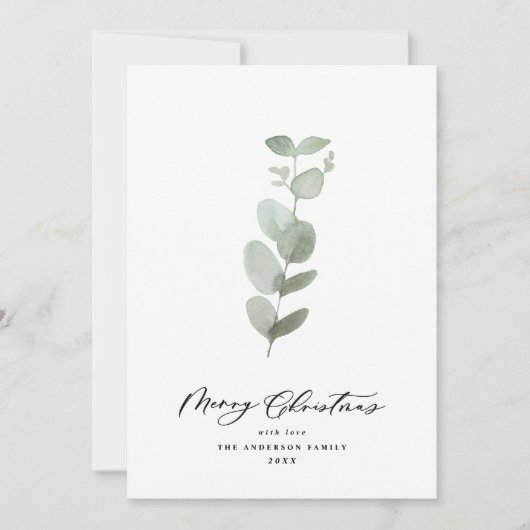 Moderne eucalyptusscript met minimale naaldbladere feestdagenkaart (Voorkant)