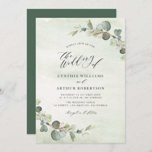 moderne eucalyptuswaterverf groene bruiloft kaart (Voorkant / Achterkant)