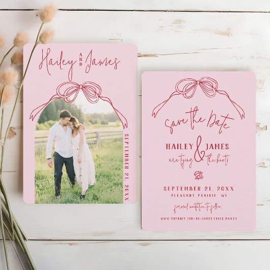 Moderne Excentrieke Handgetekende Boog ROZE Foto B Save The Date