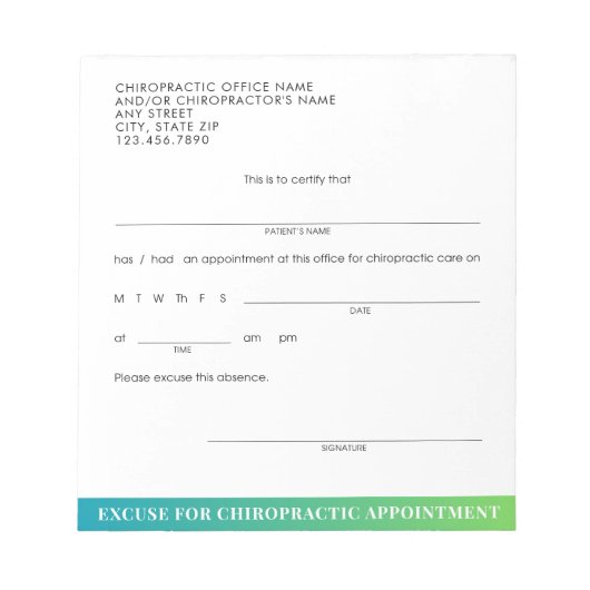 Moderne Excuse Slip Chiropractie Afspraak Notitieblok (Voorkant)