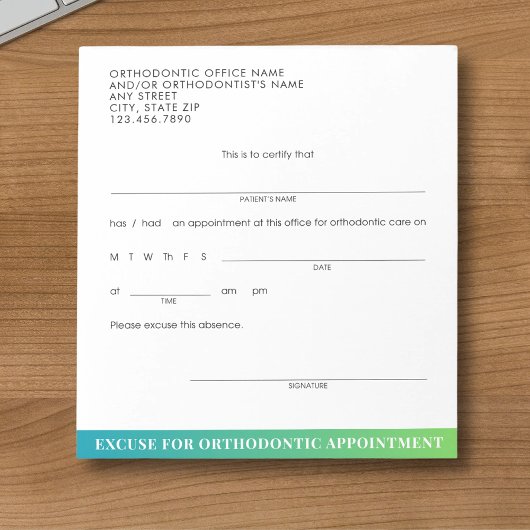 Moderne Excuse Slip Orthodontische Dental Afspraak Notitieblok