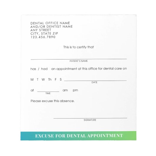 Moderne excuus slip tandheelkundige afspraak op ma notitieblok (Voorkant)