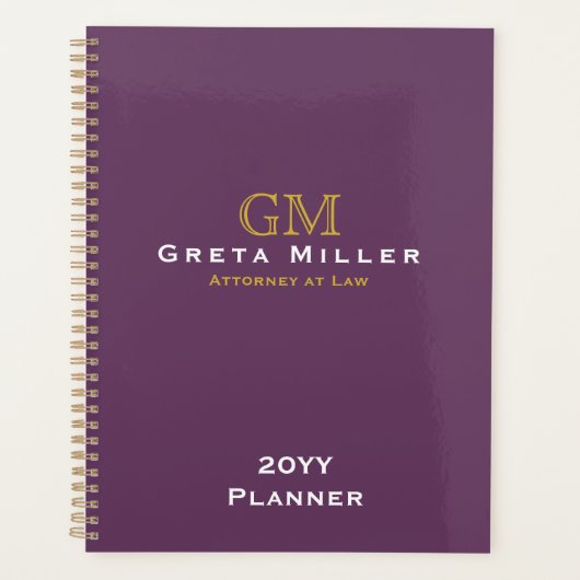 Moderne Executive Plum Paars Gold Monogram Planner (Voorkant)