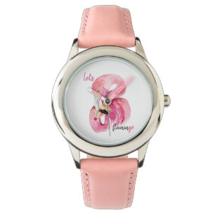 Moderne exotische roze laat Flamingo Waterverf Horloge