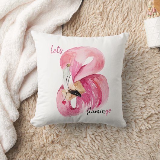 Moderne Exotische Roze Let's Flamingo Aquarel Kussen (Deken)