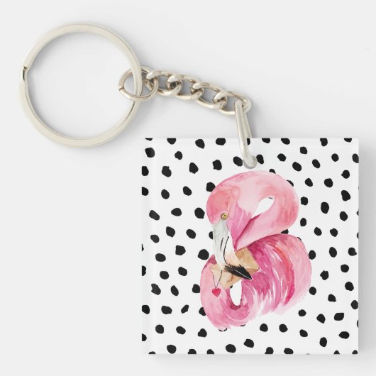 Moderne exotische roze Waterverf Flamingo & Stippe Sleutelhanger (voorkant)