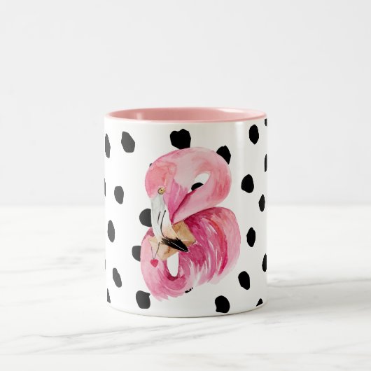 Moderne exotische roze Waterverf Flamingo & Stippe Tweekleurige Koffiemok (Center)