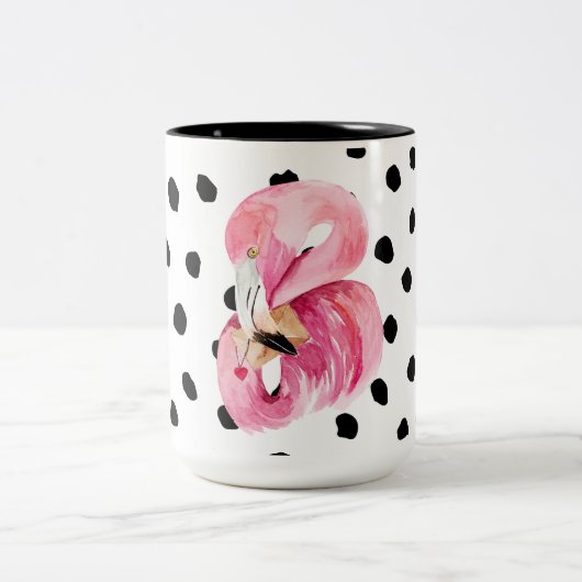 Moderne exotische roze Waterverf Flamingo & Stippe Tweekleurige Koffiemok (Center)