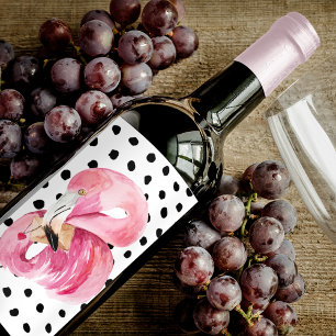 Moderne exotische roze Waterverf Flamingo & Stippe Wijn Etiket