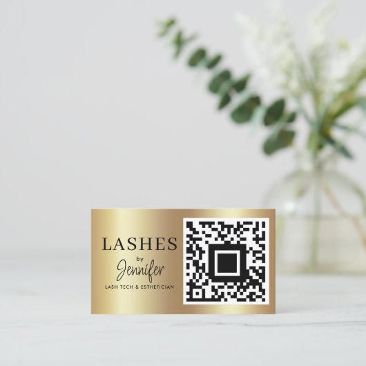 Moderne Eyelash-uitbreidingen QR-code zwart en gou Visitekaartje (Staand voorkant)