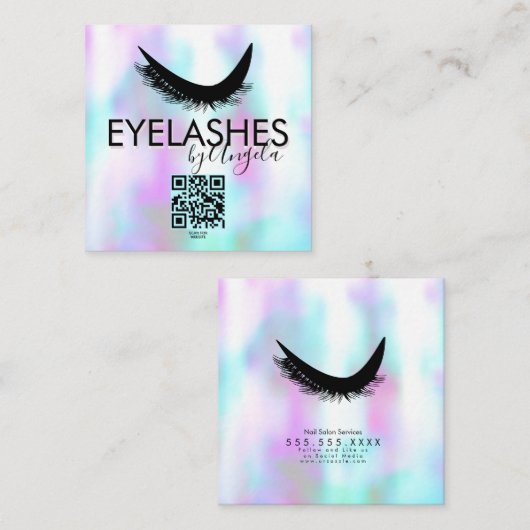 Moderne Eyelashes Salon Beauty Faux Holographic Vierkante Visitekaartje (Voorkant / Achterkant)