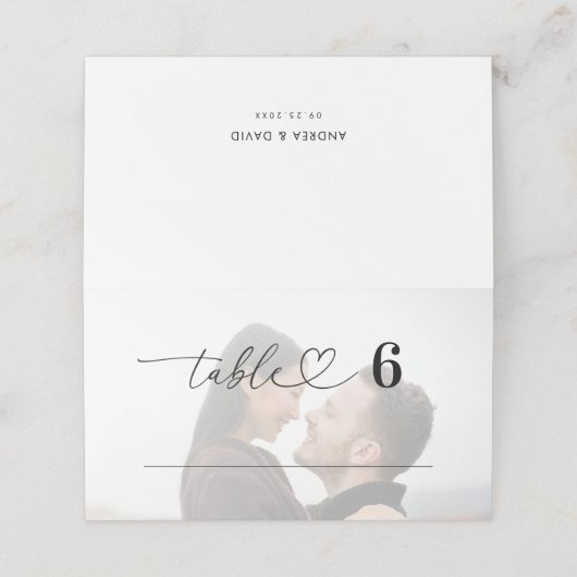 Moderne Faded Foto Hart Script Bruiloft Gast Plaatskaartje (Buitenkant ongevouwen)