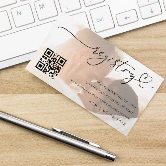 Moderne Faded Foto & QR Code Huwelijkscadeau Regis Informatiekaartje