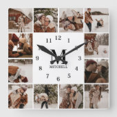 Moderne Familie 12 Fotocollage | Monogram onderbew Vierkante Klok (Voorkant)