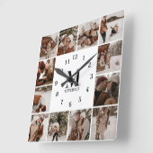 Moderne Familie 12 Fotocollage | Monogram onderbew Vierkante Klok (Hoek)