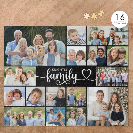 Moderne FAMILIE 16 Foto Collage Script Hart Legpuzzel