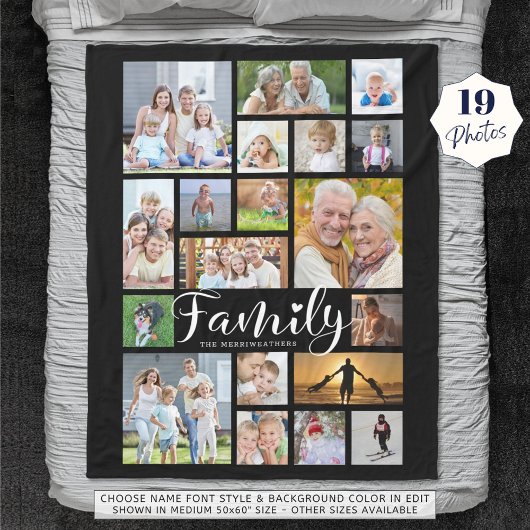 Moderne FAMILIE 19 Foto Collage Script Heart Black Fleece Deken