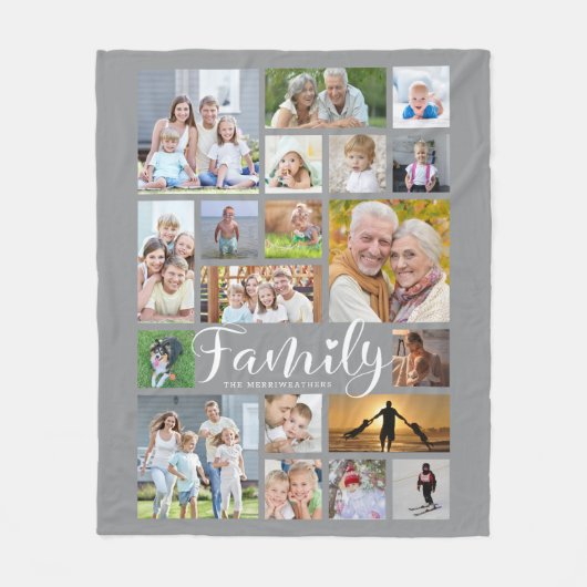Moderne FAMILIE 19 Foto Collage Script Heart Gray Fleece Deken (Voorkant)