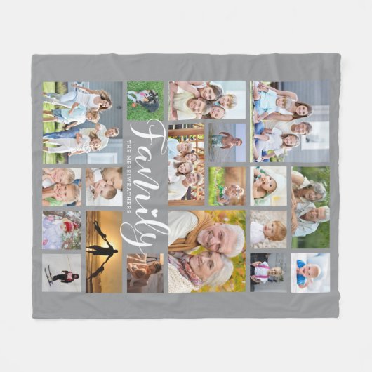 Moderne FAMILIE 19 Foto Collage Script Heart Gray Fleece Deken (Voorkant (Horizontaal))