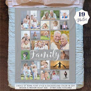 Moderne FAMILIE 19 Foto Collage Script Heart Gray Fleece Deken