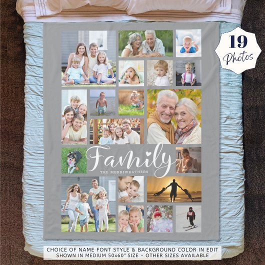 Moderne FAMILIE 19 Foto Collage Script Heart Gray Fleece Deken