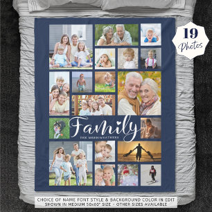 Moderne FAMILIE 19 Foto Collage Script Heart Navy Fleece Deken
