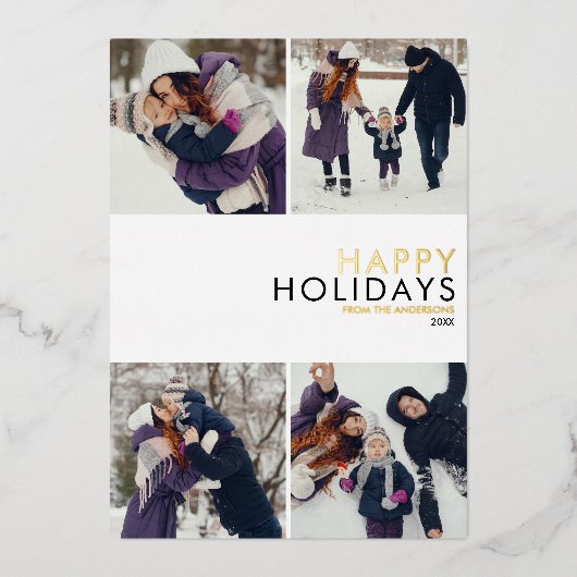 Moderne familie 4 Foto Collage Chic Kerstmis Gold Folie Feestdagenkaart (Voorkant)