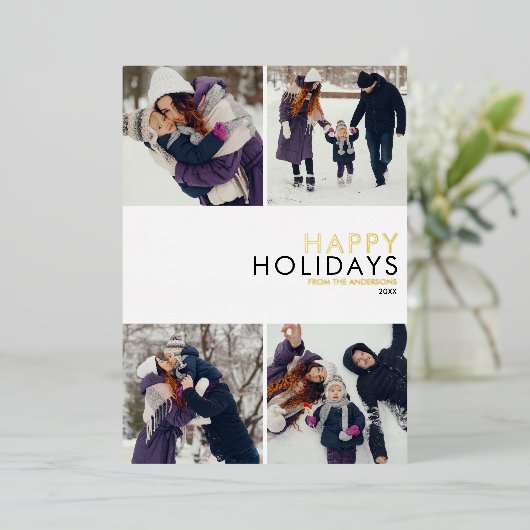 Moderne familie 4 Foto Collage Chic Kerstmis Gold Folie Feestdagenkaart (Staand Voorkant)