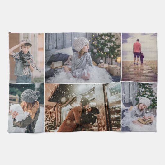 Moderne familie 6 Foto Collage Keepomwille Theedoek (Horizontaal)