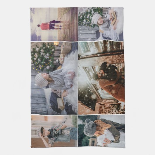Moderne familie 6 Foto Collage Keepomwille Theedoek (Verticaal)
