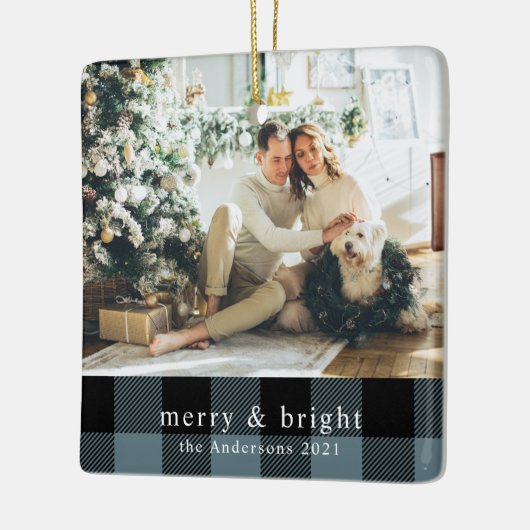 Moderne familie foto blauwe kaart Pset Keramisch Ornament (Links)