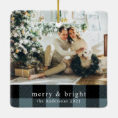 Moderne familie foto blauwe kaart Pset Keramisch Ornament (Achterkant)