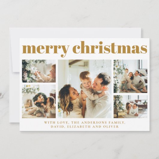 Moderne Familie Foto Collage Mosterd Goud Kerstmis Feestdagenkaart (Voorkant)