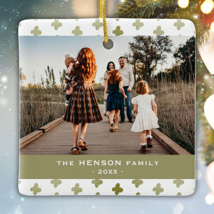 Moderne familie Foto groen Floral Pattern Kerstmis Keramisch Ornament