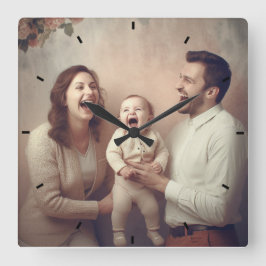 Moderne Familie Foto Mint Eenvoudig Mooi Cadeauple Vierkante Klok