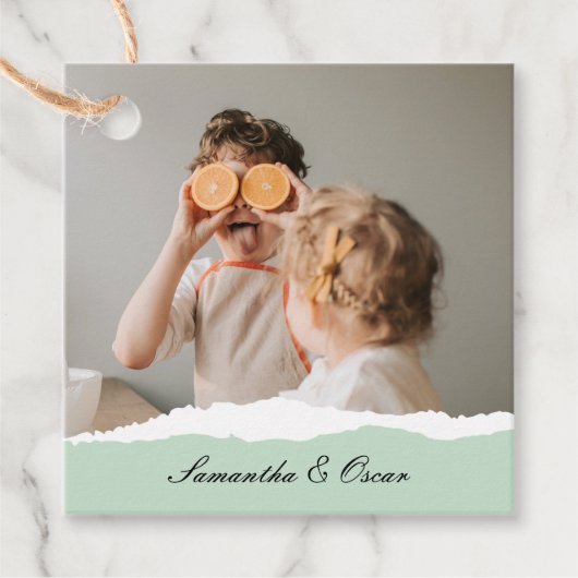 Moderne familie foto & persoonlijke naam Mint Gift Bedankjes Labels (Voorkant)