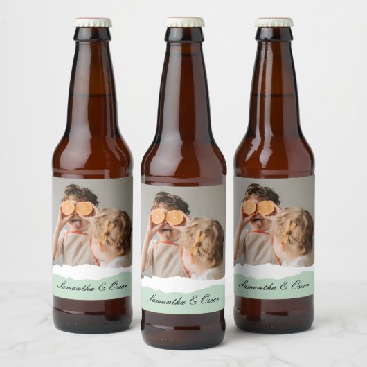 Moderne familie foto & persoonlijke naam Mint Gift Bier Etiket (Flessen)